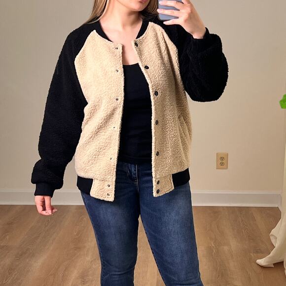 Movint Colorblock Raglan Sleeve Fleece Bomber Jacket L Black Tan Teddy - Picture 9 of 9